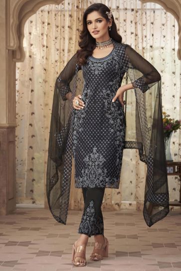 Party Wear Brilliant Net Fabric Black Color Embroidered Work Salwar Suit Featuring Vartika Singh 