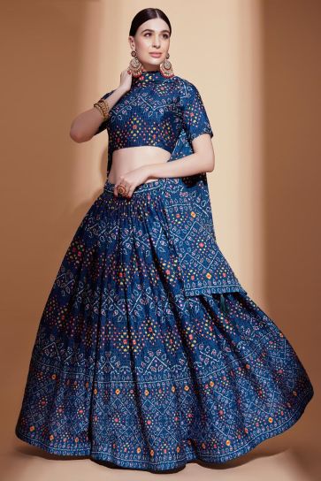 Chinon Fabric Vintage Printed Lehenga In Blue Color