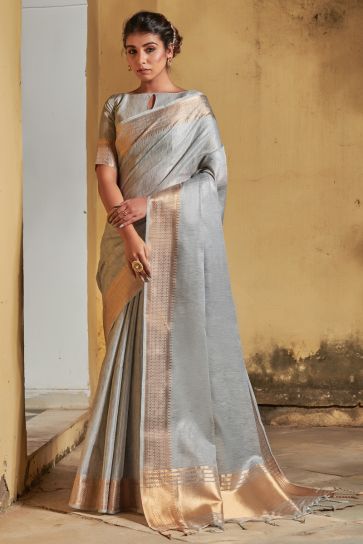 Trendy Art Silk Fabric Grey Color Regular Saree