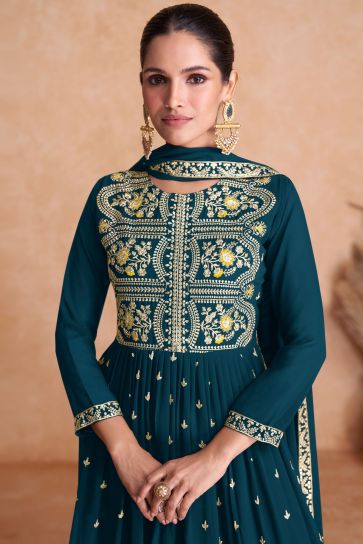 Embroidered Wedding Wear Sharara Style Readymade Lehenga In Teal Georgette Fabric