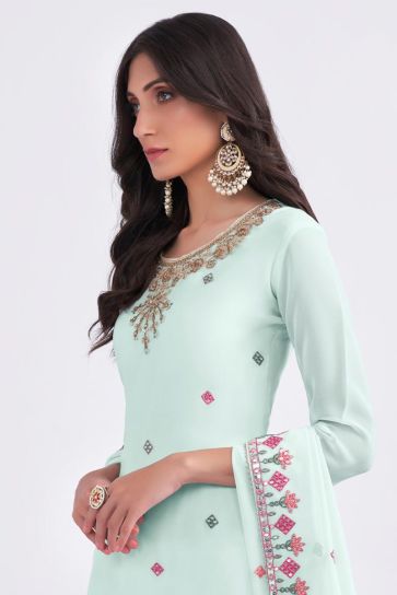 Festival Look Light Cyan Color Fabulous Sharara Suit In Georgette Fabric