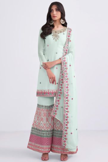 Festival Look Light Cyan Color Fabulous Sharara Suit In Georgette Fabric