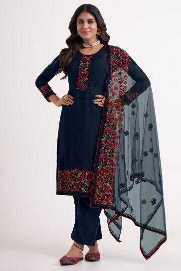 Riveting Embroidered Georgette Fabric Salwar Suit In Navy Blue Color