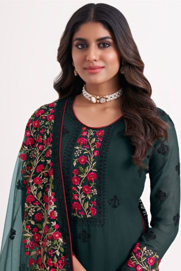 Georgette Fabric Dark Green Color Engaging Embroidered Salwar Suit