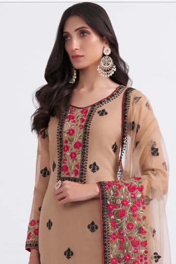 Kanika Dev Chikoo Color Admirable Salwar Suit In Georgette Fabric