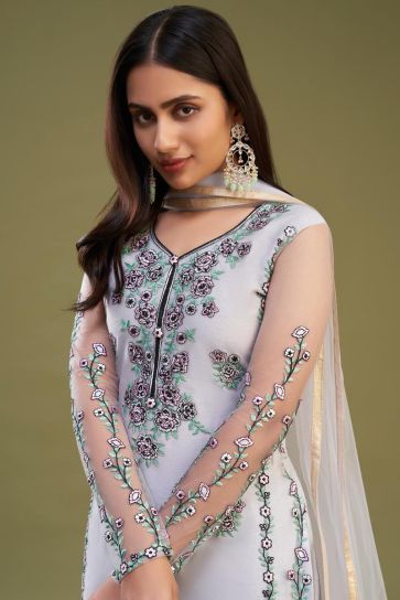 Lavender Color Embroidered Designer Straight Cut Suit In Net Fabric