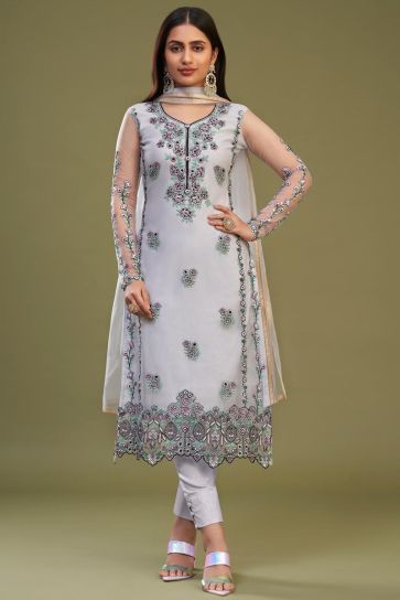 Lavender Color Embroidered Designer Straight Cut Suit In Net Fabric