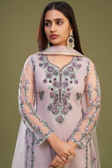 Net Fabric Pink Color Embroidered Designer Straight Cut Salwar Suit