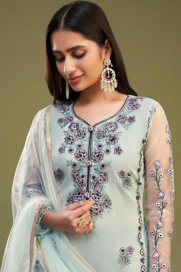 Embroidered Net Fabric Designer Straight Cut Suit In Light Cyan Color