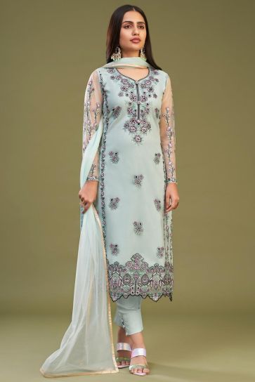 Embroidered Net Fabric Designer Straight Cut Suit In Light Cyan Color