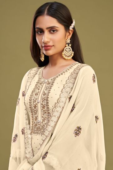Tempting Beige Color Georgette Fabric Festive Salwar Suit With Embroidered Work