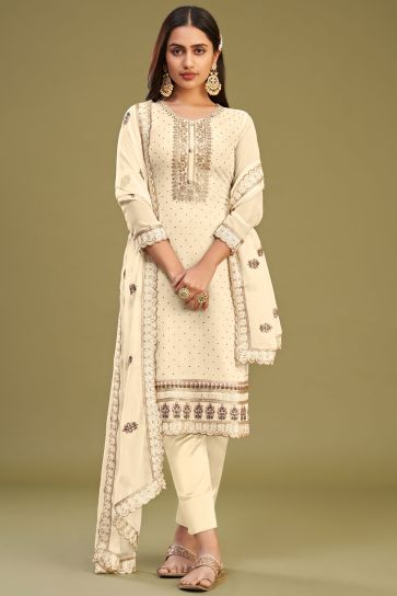 Tempting Beige Color Georgette Fabric Festive Salwar Suit With Embroidered Work