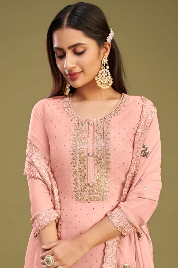 Vintage Georgette Fabric Embroidered Work Salwar Suit In Peach Color