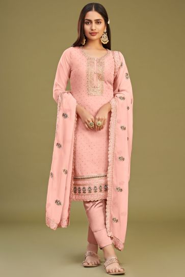 Vintage Georgette Fabric Embroidered Work Salwar Suit In Peach Color