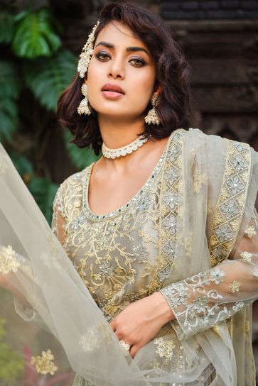 Beige Color Net Fabric Elegant Embroidered Anarkali Suit