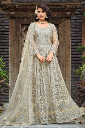 Beige Color Net Fabric Elegant Embroidered Anarkali Suit