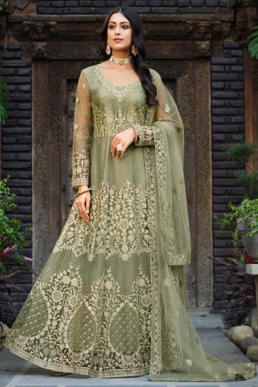 Olive Color Embellished Embroidered Anarkali Suit In Net Fabric