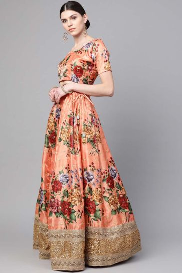 Peach Color Function Wear Floral Digital Printed Charismatic Lehenga In Art Silk Fabric