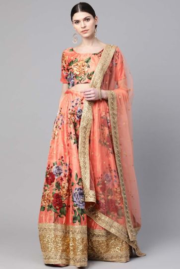 Peach Color Function Wear Floral Digital Printed Charismatic Lehenga In Art Silk Fabric