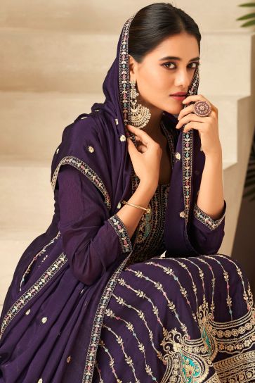 Chinon Fabric Purple Color Engaging Readymade Salwar Suit