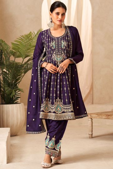 Chinon Fabric Purple Color Engaging Readymade Salwar Suit