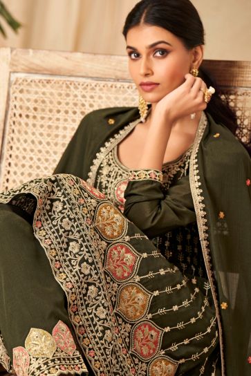 Mehendi Green Color Chinon Fabric Readymade Precious Salwar Suit