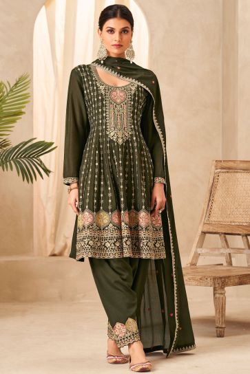 Mehendi Green Color Chinon Fabric Readymade Precious Salwar Suit