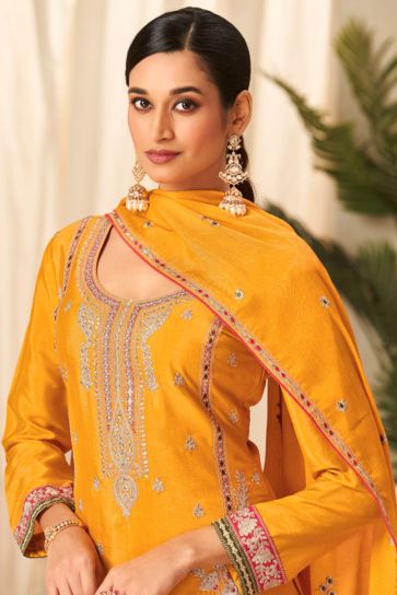Aristocratic Readymade Yellow Color Palazzo Suit In Chinon Fabric