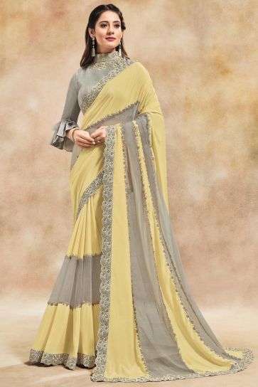Sangeet Wear Georgette Silk And Net Fabric Mesmeric Embroidered Work Saree In Yellow Color
