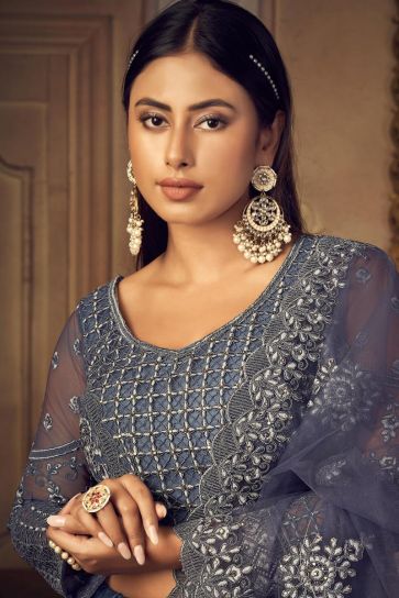 Lovely Blue Color Net Fabric Sangeet Wear Embroidered Lehenga Choli