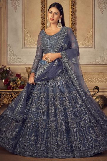 Lovely Blue Color Net Fabric Sangeet Wear Embroidered Lehenga Choli