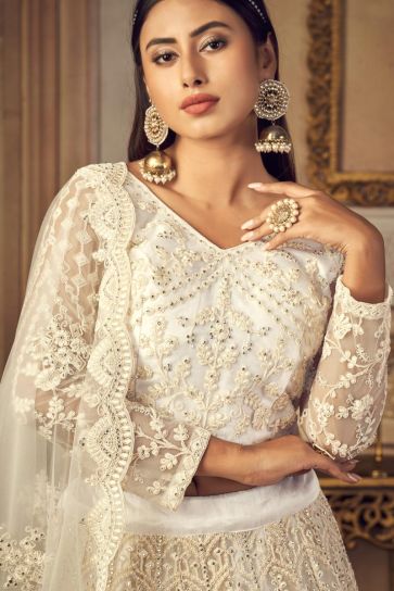 White Color Pretty Net Fabric Wedding Wear Embroidered Lehenga Choli