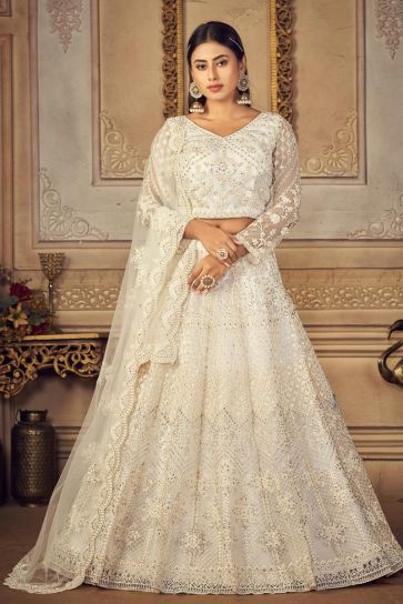 White Color Pretty Net Fabric Wedding Wear Embroidered Lehenga Choli