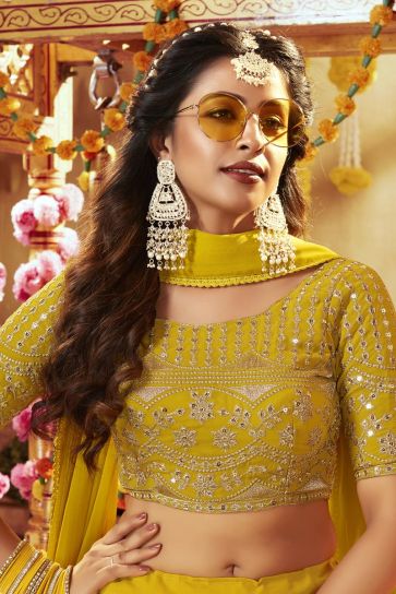 Sparkling Sequins Work Yellow Color Georgette Lehenga