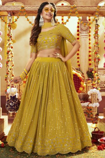 Sparkling Sequins Work Yellow Color Georgette Lehenga