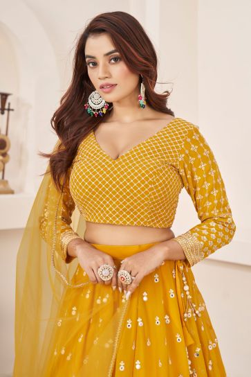 Stylish Sequins Design Georgette Yellow Color Lehenga Choli For Function