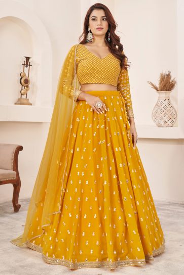Stylish Sequins Design Georgette Yellow Color Lehenga Choli For Function