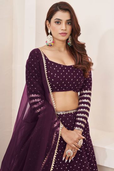 Contemporary Wine Color Georgette Lehenga Choli For Sangeet Function