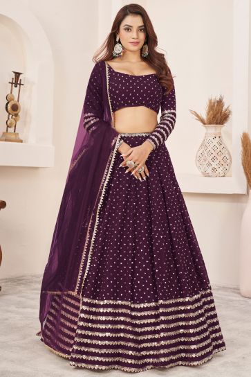 Contemporary Wine Color Georgette Lehenga Choli For Sangeet Function