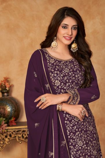 Georgette Fabric Sangeet Wear Brilliant Sharara Suit In Purple Color