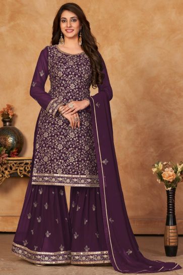 Georgette Fabric Sangeet Wear Brilliant Sharara Suit In Purple Color