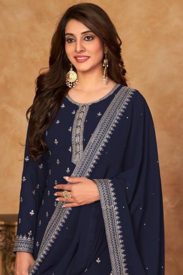 Captivating Function Wear Georgette Fabric Palazzo Suit In Navy Blue Color
