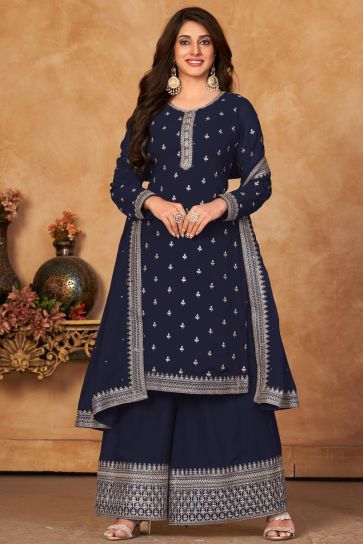 Captivating Function Wear Georgette Fabric Palazzo Suit In Navy Blue Color