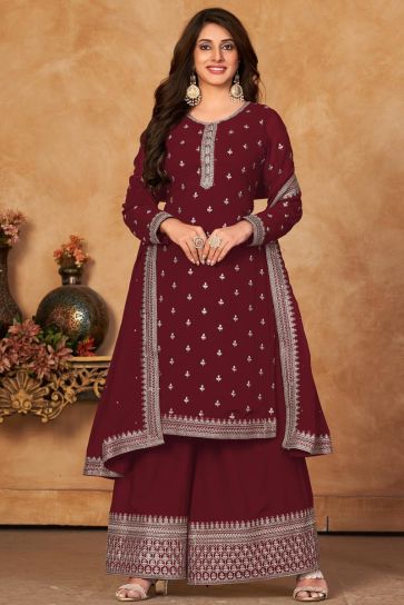 Function Wear Awesome Georgette Fabric Palazzo Suit In Maroon Color