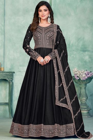 Party Wear Black Color Embroidered Long Anarkali Salwar Suit In Art Silk Fabric