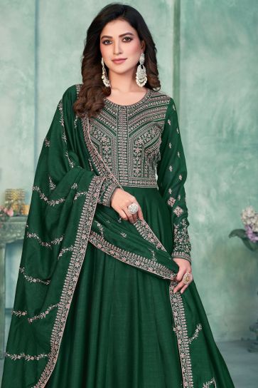 Embroidered Sangeet Wear Long Anarkali Salwar Kameez In Art Silk Fabric Green Color