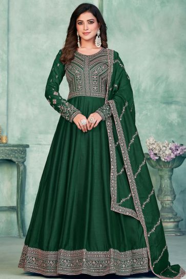 Embroidered Sangeet Wear Long Anarkali Salwar Kameez In Art Silk Fabric Green Color
