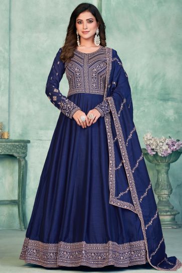 Navy Blue Color Wedding Wear Embroidered Long Anarkali Salwar Suit In Art Silk Fabric