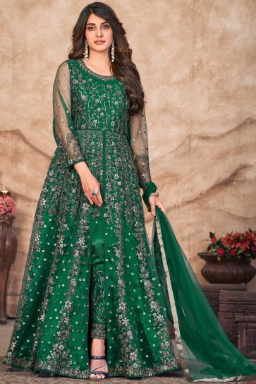 Party Wear Dark Green Color Embroidered Anarkali Salwar Suit In Net Fabric
