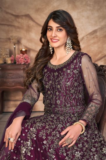 Embroidered Sangeet Wear Anarkali Salwar Kameez In Net Fabric Purple Color